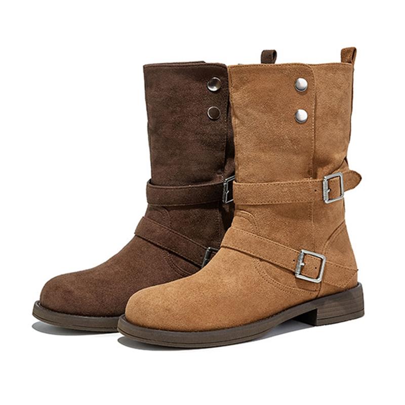 Fashion AIYUQI2025 New Women's Western Cowboy Boots Non-Slip Buckle Women Motorcycle Boots Large-Size Autumn/Winter Mid-Cut Female Boots