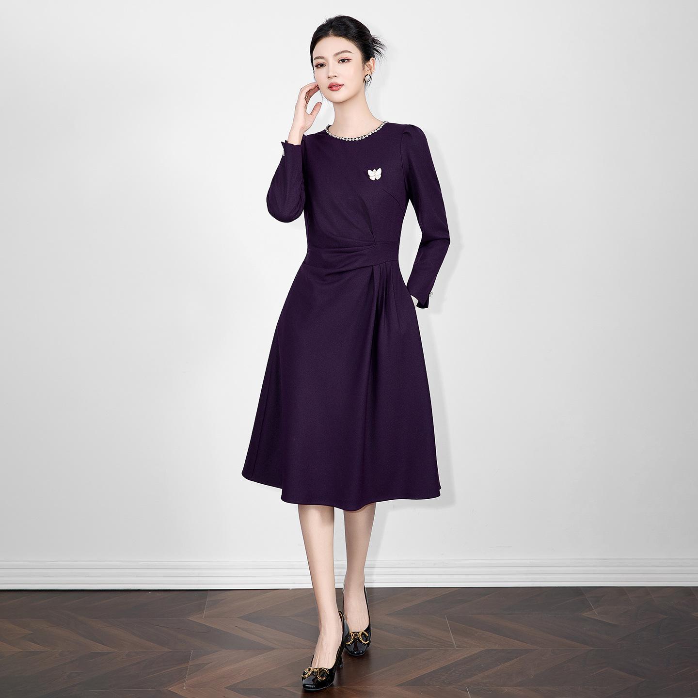 Elegant Pleated Slim-Fit Waist-Cinched Autumn/Winter Dress for Women M вишня/фиолетовый