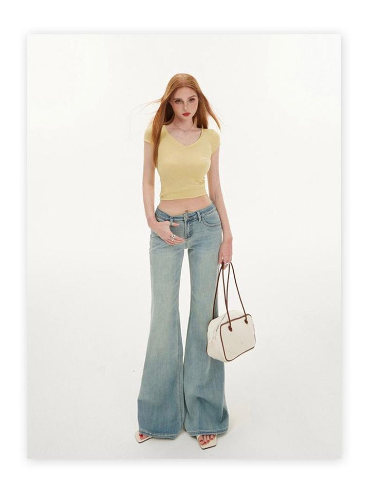 Women's Light Blue Micro-Flared Low-Waist Jeans: New for Spring & Autumn 2025, Slim Fit, Elastic, Spicy Girl Style