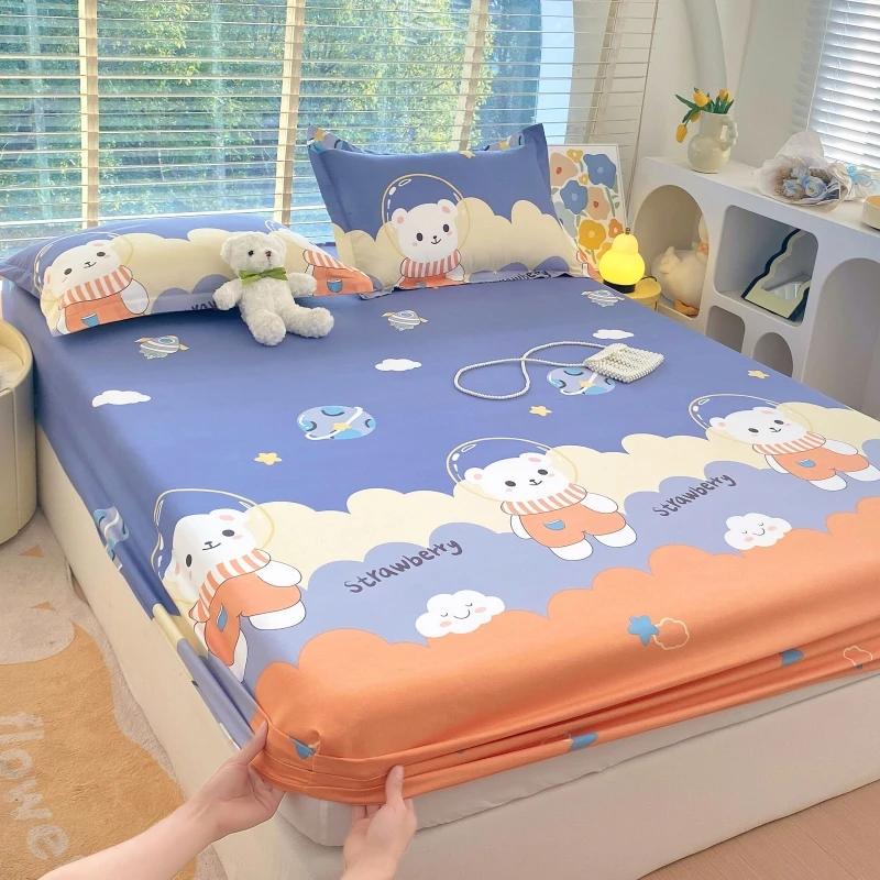 Cartoon Style Rabbit Fitted Sheet Set Skin-friendly Breathable Non-slip Bed Cover with 2 Pillowcases Bedding Set for Boys Girls
