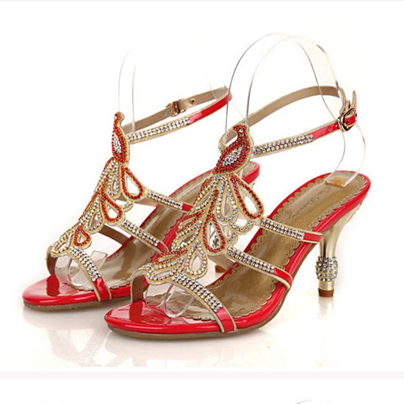 Fashion Summer High Heel Sandals 2025 New Women's Thin Heel Rhinestone Banquet Sandals Thick Heel Diamond Crystal Wedding Party Shoes