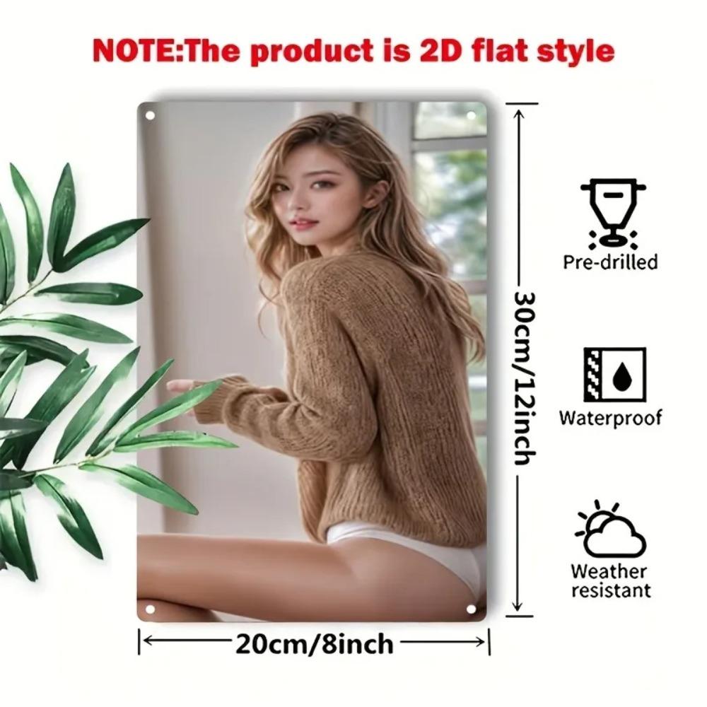 Beige Metal Wall Art Woman - Durable 2D Decor for Home, Cafe, Bar
