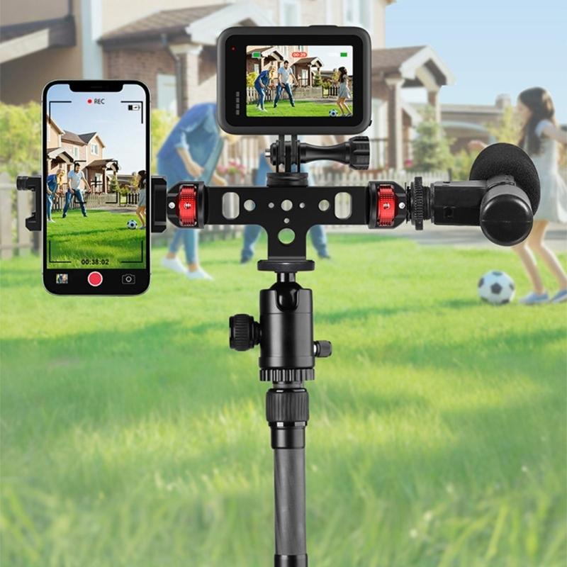 Triple Phone Holder Tripod Mount Adapter 360 Degree Head Live Streaming Tool for Camera Light Microphone Phone