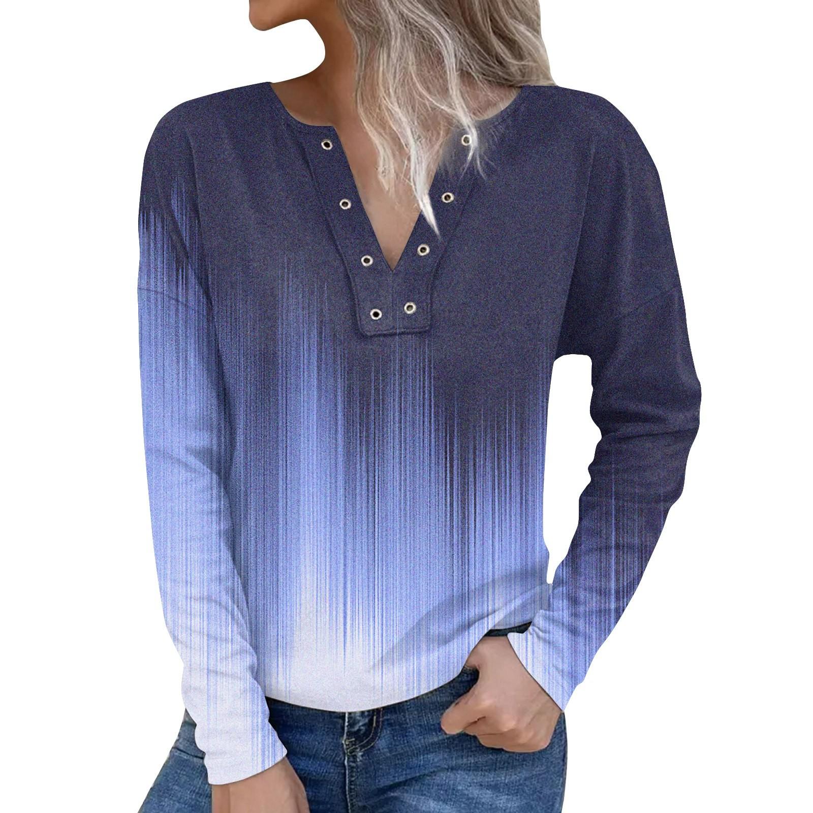 Fall And Winter New Printed Long Sleeve V-Neck Women s Tops XXL синий