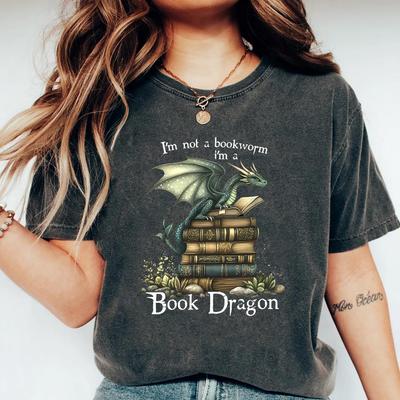 Buch Drache T-Shirt Ich bin kein Bücherwurm T-Shirt Fantasy Lesen T-Shirt Drache und Bücher Grafik T-Shirt Unisex Kurzarm Oberteile