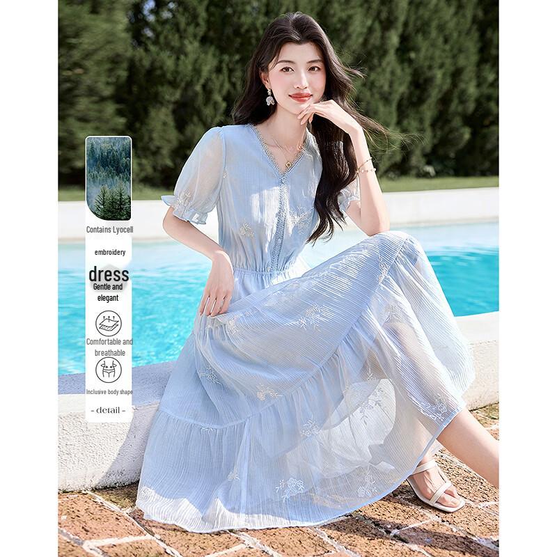 Summer Lyocell Embroidered V-Neck A-Line Dress M