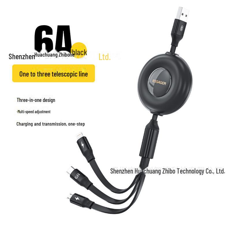

ESSAGER Yuyuan Series 3-in-1 Retractable Fast Charging Cable for Apple, Android, and Type-C Devices.