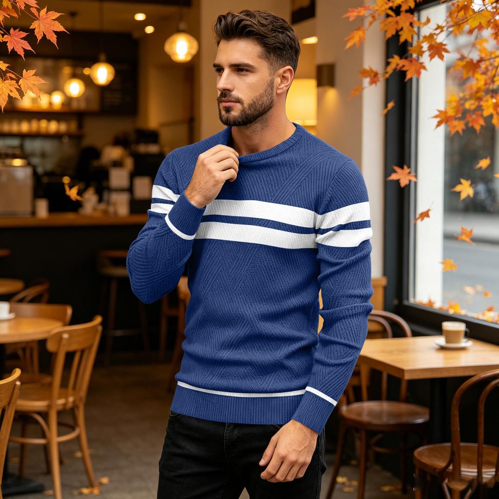 Maglione da Uomo Casual a Vestibilità Larga con Scollo Tondo e Fantasia a Righe, Pullover a Maniche Lunghe in Maglia per l'Uso Quotidiano