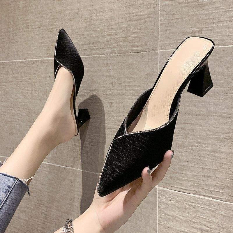 Spring 2025 Women's Chunky Heeled Pointed-Toe Mules - Cool, Stylish Fairy Style