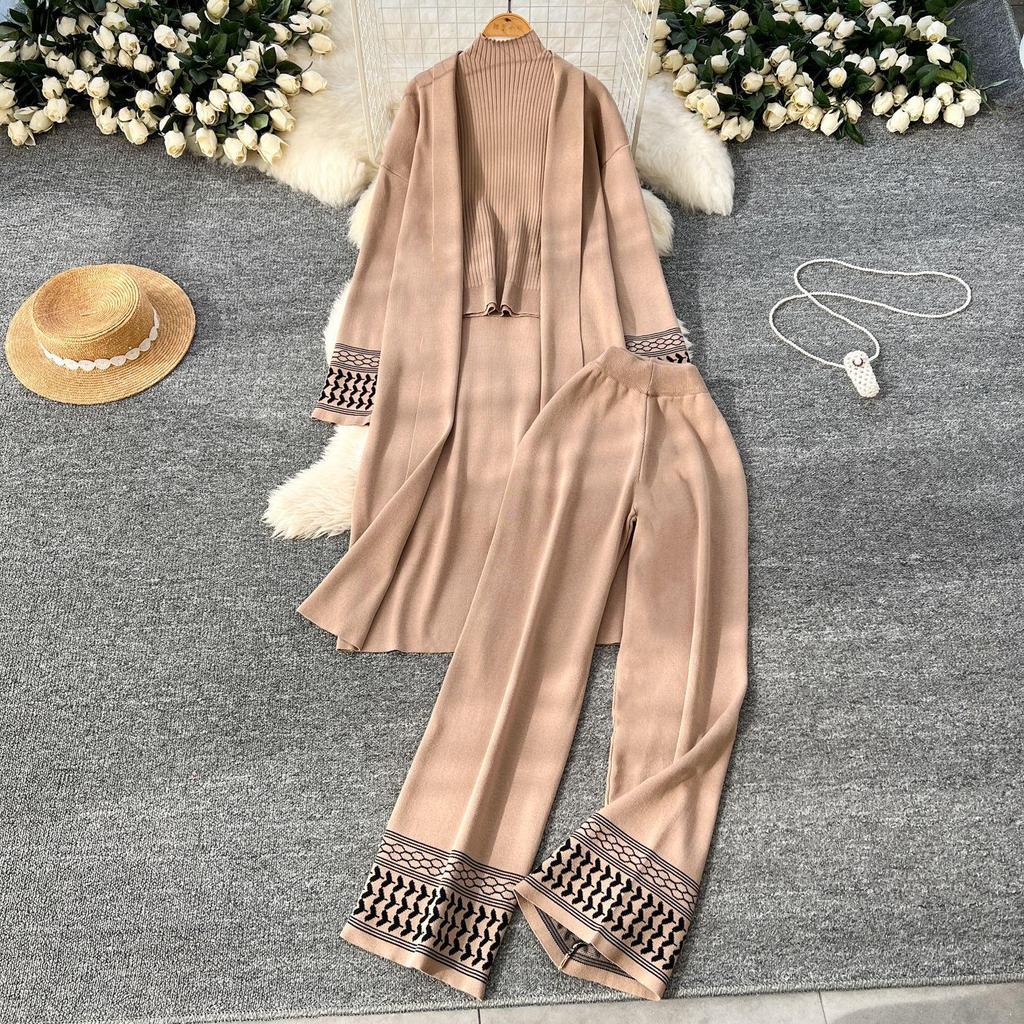 European Cross-Border Casual Knitwear Set: Women's Autumn/Winter Vest, Sweater Cardigan & Wide-Leg Pants 3-Piece