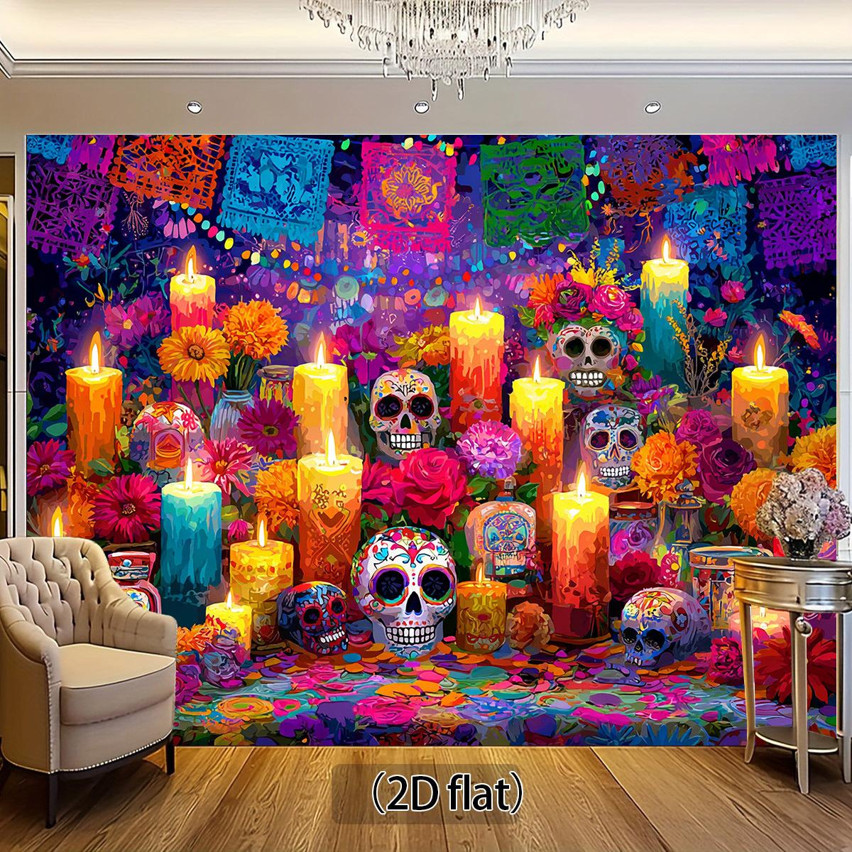 2D flat banner 1PC Day of the Dead background cloth, colorful sugar skulls, candlelight altars and bright Mexican flowers 100x150cm
