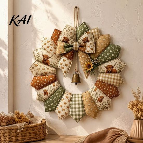 Pastoral Style Home Decoration DIY Patchwork Garland Crafting Kit, Retro Floral Fabric Set with Bells Spring Seasonal Door Ornament And Simulated