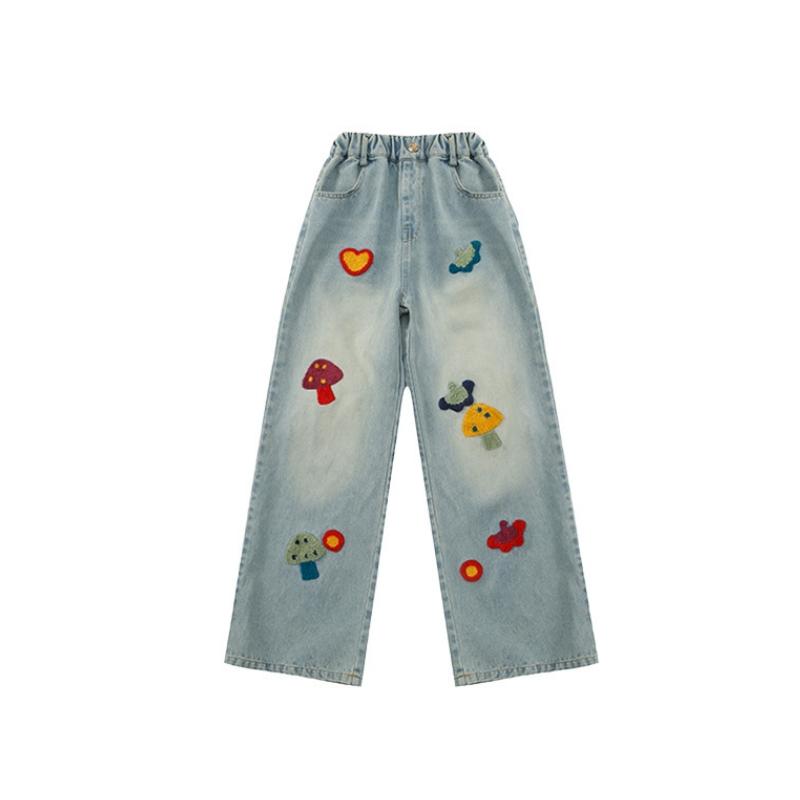 

Брюки для девочек Детские повседневные свободные джинсы с вышивкой Love Mushroom для маленьких девочек Джинсовые брюки широкого кроя Весна Осень 160 синий