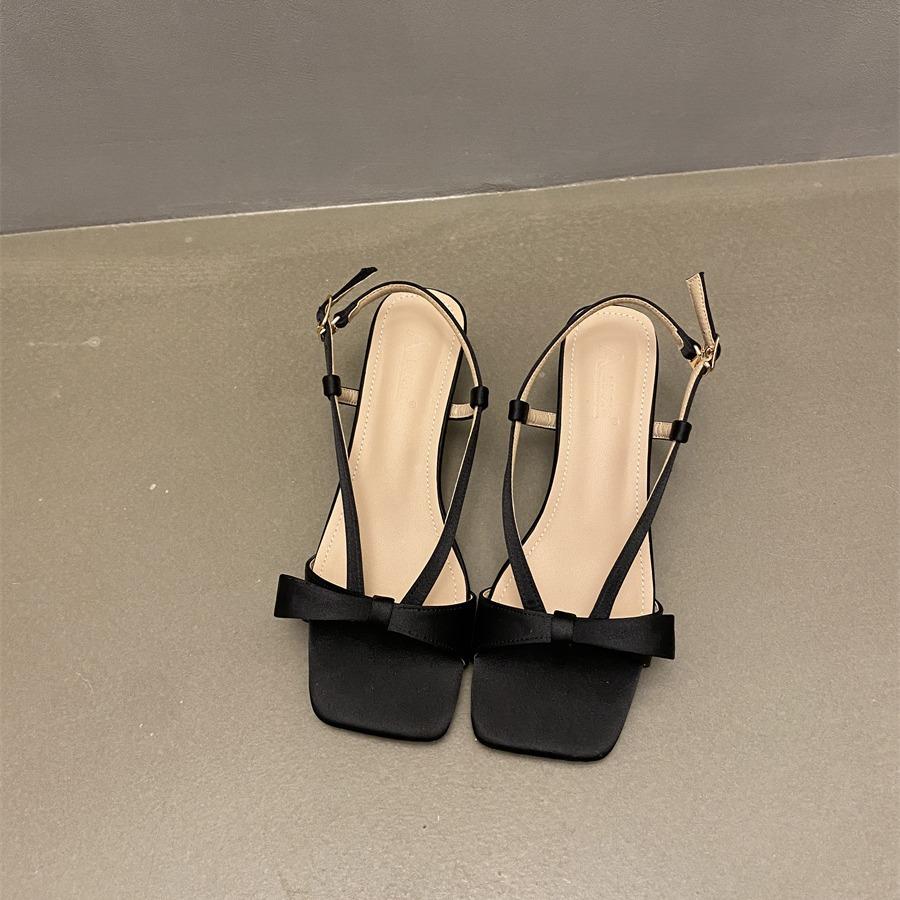 2025 Spring and Autumn New French Design Sense Niche Fairy Style Bow Open Toe Word with High Heel Sandals