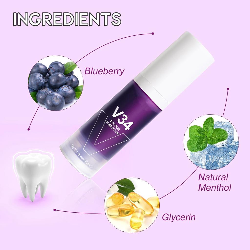 V34 Tooth Colour Corrector Purple Teeth Whitening Tooth Stain Removal Teeth Whitening Booster Purple Toothpaste