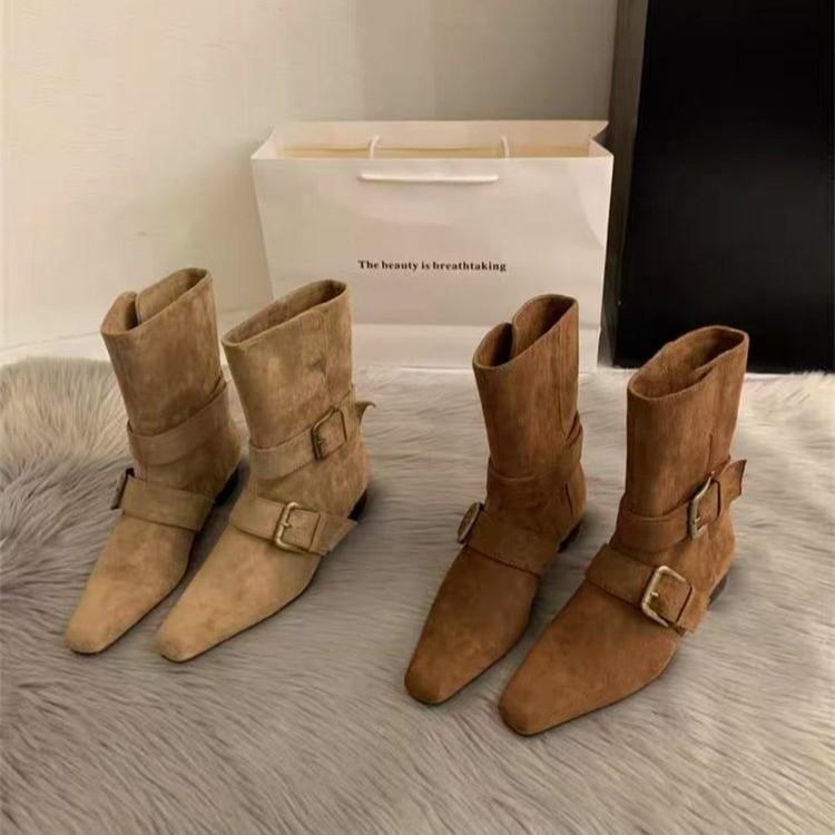 2025 Korean version of the new niche design versatile French short boots small square head thick heel Maillard medium boots women's boots