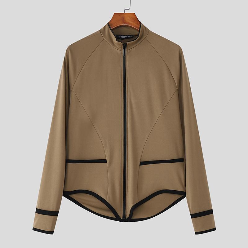 INCERUN Men Stand Neck Zip-Up Long Sleeve Irregular Stitching T-shirts Tops