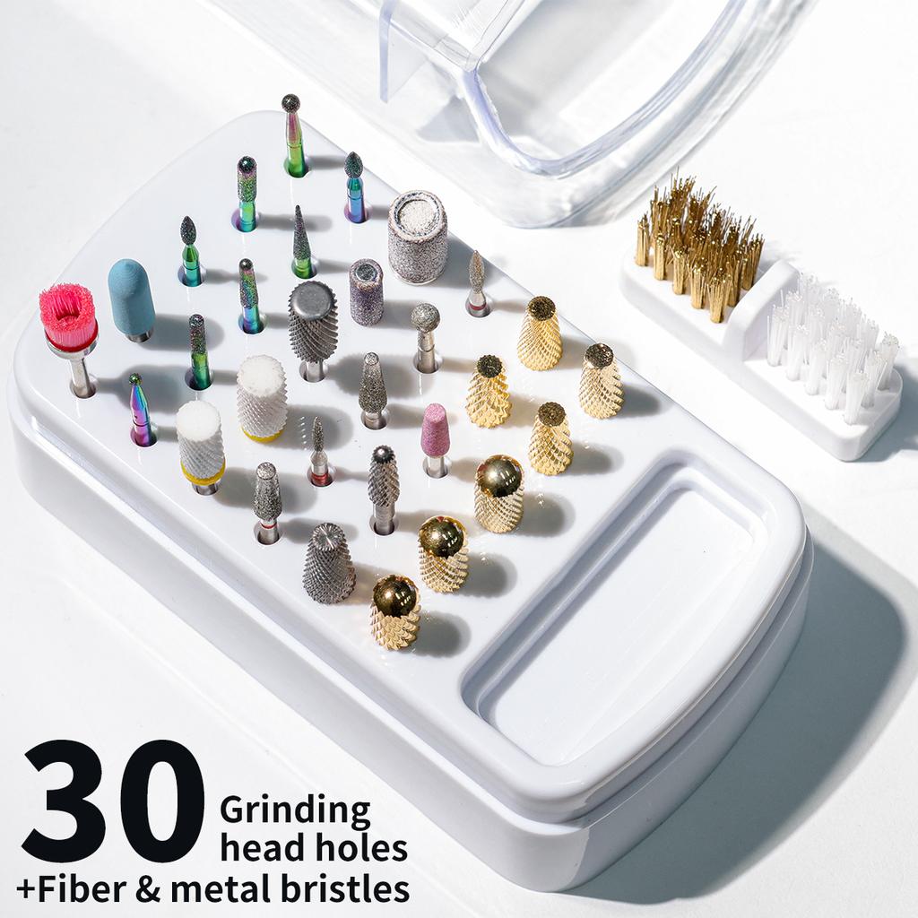 2v1 Hlavička na leštění nehtů Čisticí box na prach 30 otvorů Organizér na hlavičky laků na nehty Akrylový přenosný organizér Prachotěsný