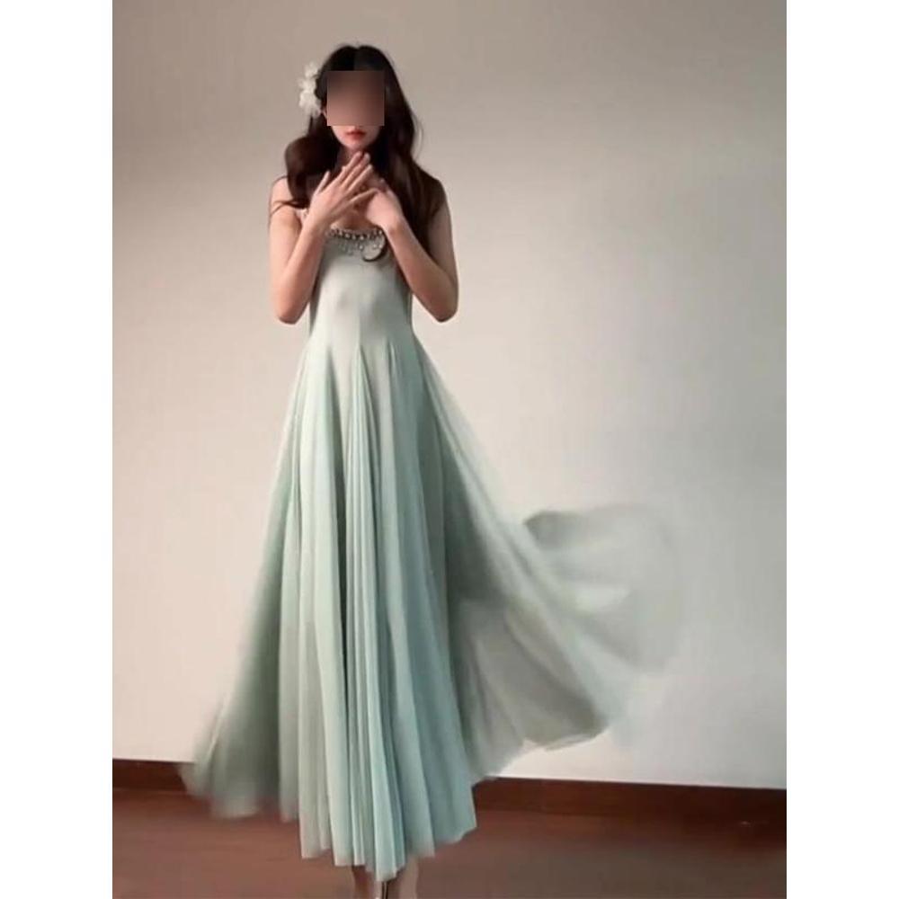 Crystal Diamond Chain Mesh Suspender Dress Women's Summer Beautiful Long Dress Waist Vacation Fairy Skirt