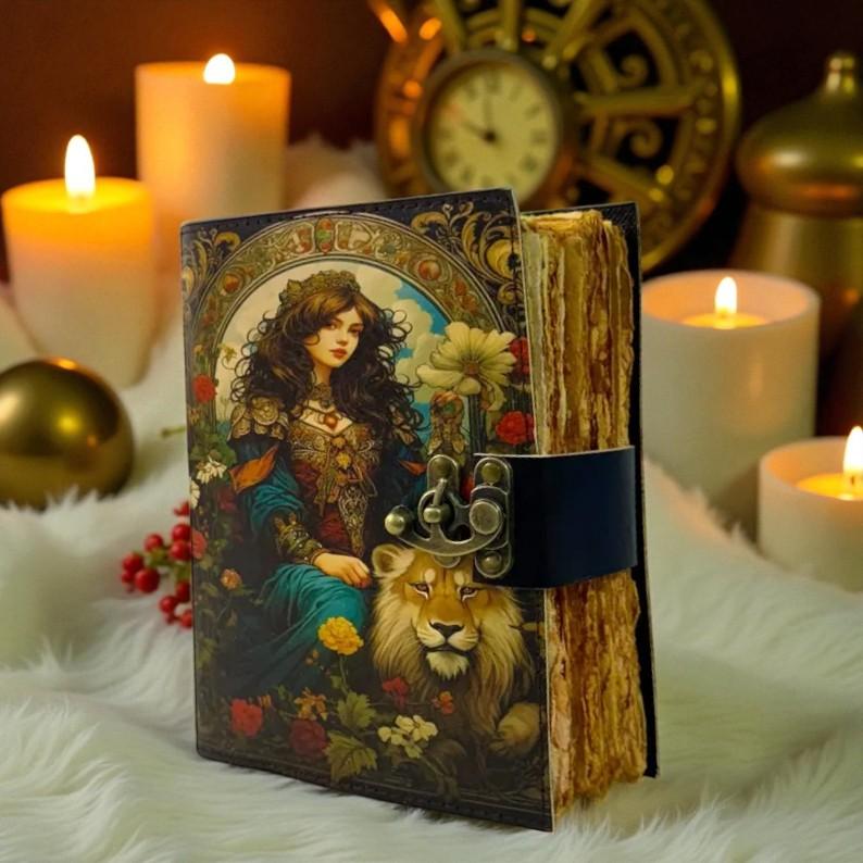 Handmade Goddess & Lion Leather Journal | 5×7" Vintage Notebook | Medieval Art Diary with Lock | Floral Mythical Writing Journal