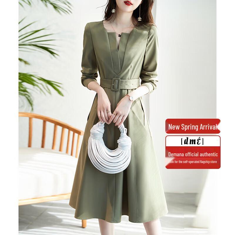 Demana Women's V-Neck A-Line Long Sleeve Dress