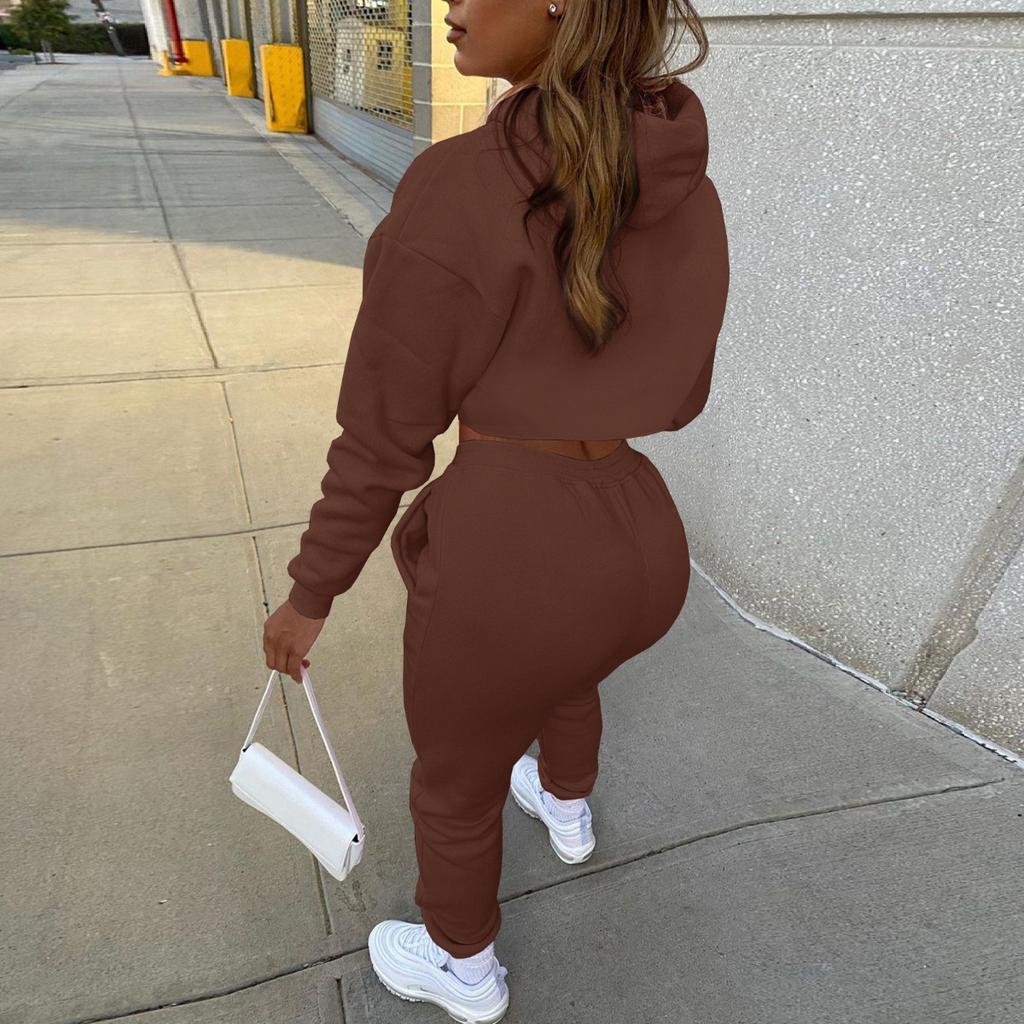 Fashion, Women's Clothing, Plush, Solid Color, Hooded Sweatshirt, Long Sleeved Drawstring, Long Pants Vest, Three Piece Set