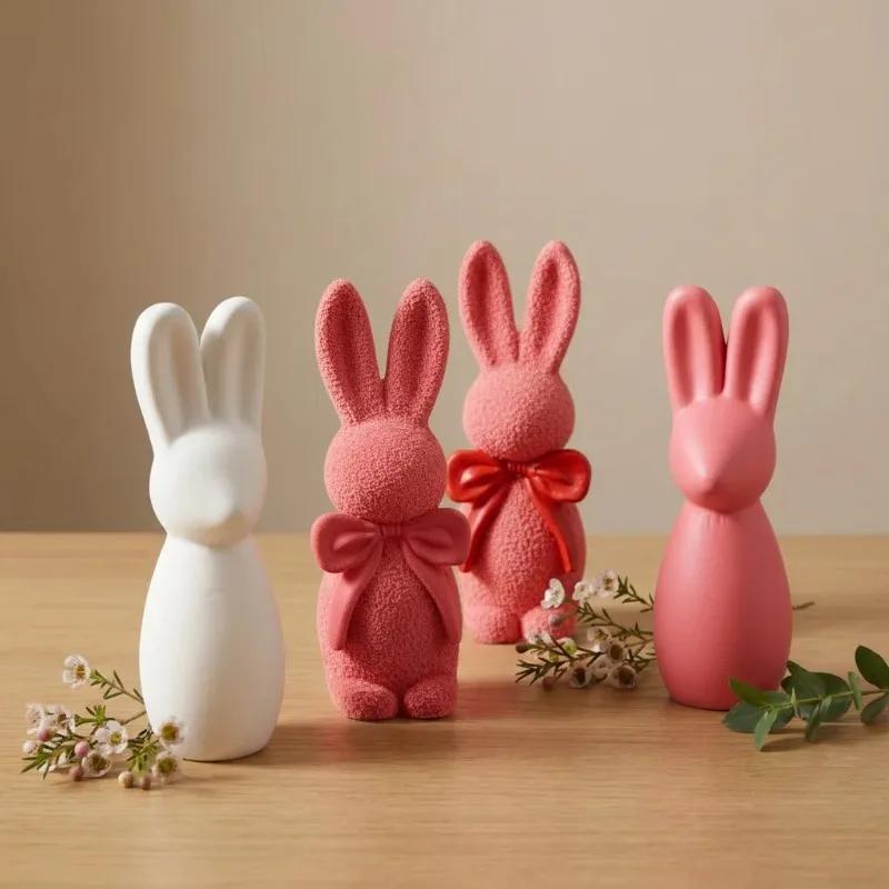 3D Rabbit Candle Silicone Mold Resin DIY Easter Bowknot Texture Cute Home Decorations Simple Design for Crafting
