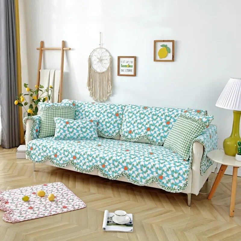 Cotton Printed L-shaped Sofa Cushion Wave Edge Anti Slip Settee Towel Universal All Year Round Lace Edge Sofa Cover  Pillowcase