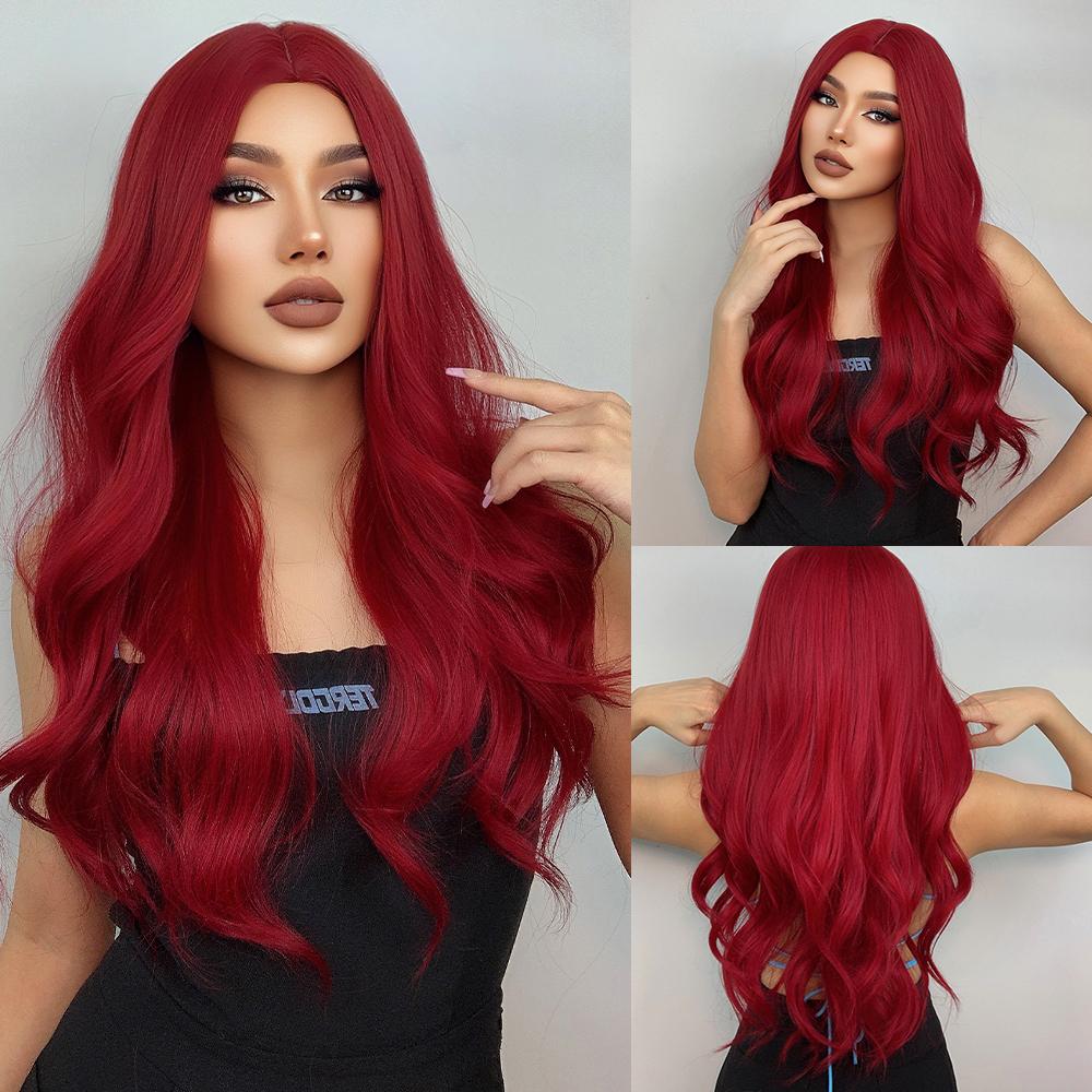 ALAN EATON Long Water Wave Wig Middle Part Red Brown Orange Copper Heat Resistant Synthetic Hair Wigs for Women African American
