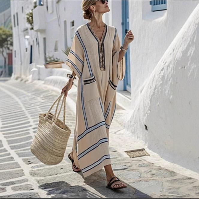 Damen V-Ausschnitt 3/4 Ärmel Gestreift Leinenmischung Maxikleid Lässig Locker Strandkleid mit Taschen