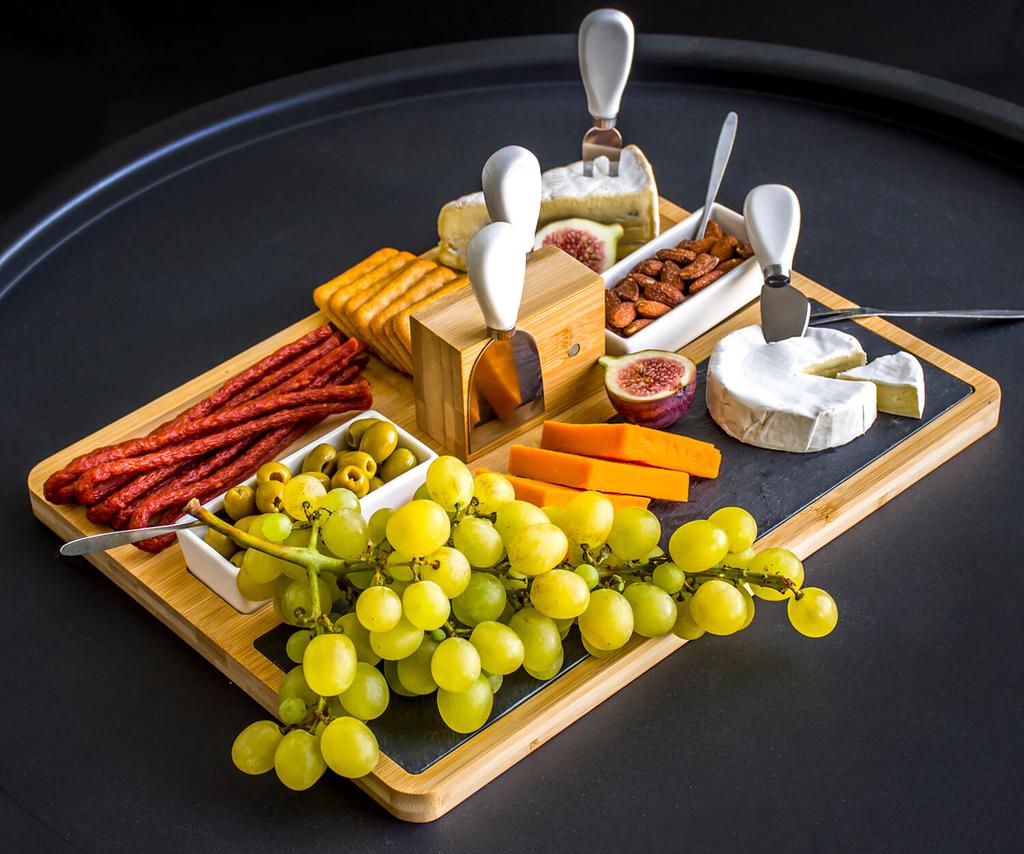 Bamboo Board for Cold Cuts, Cheeses and Snacks + Set of Knives and Forks As a Gift