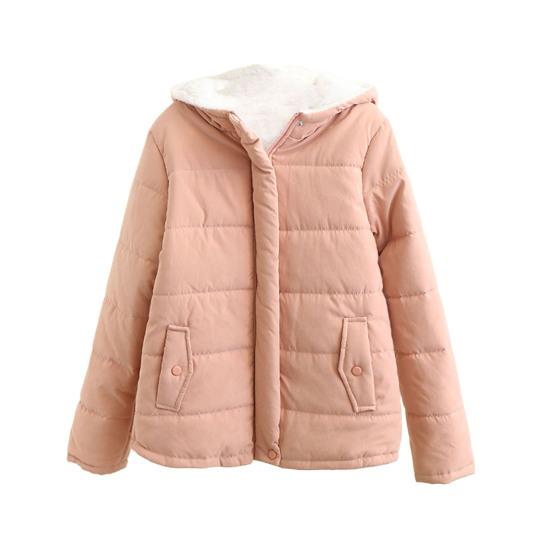 Winter Down Coat Hooded Zipper Solid Color Plush Hat Warm Thick Padded Cardigan
