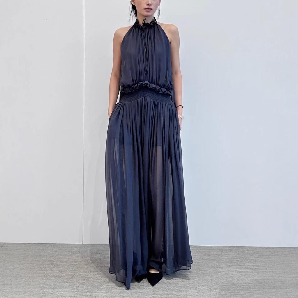 Elegant French Ruched Halter Slimming Sleeveless Long Dress for Women - Early Spring Collection