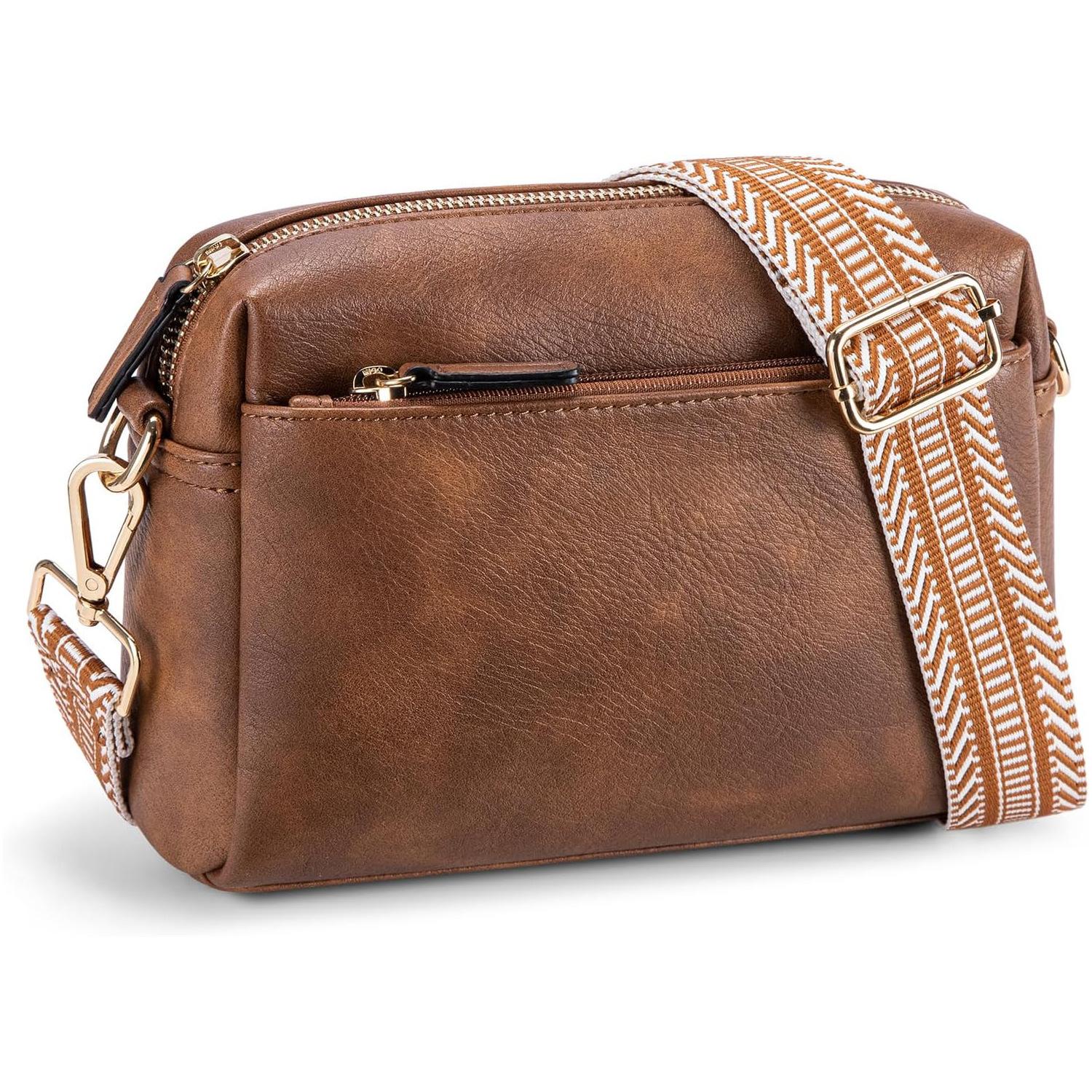 Women s Small Crossbody Bag with Three Zippers, Mobile Phone Leather Handbag, Colorful Shoulder Strap, Single Shoulder Bag коричневый