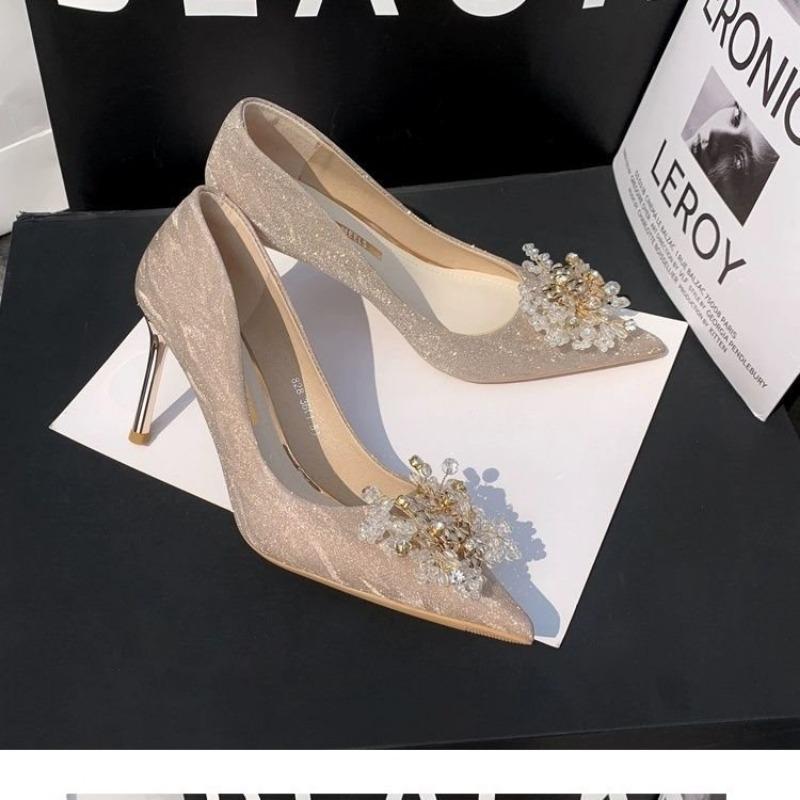 High heels women's thin heels pointed wedding shoes silver feeling not tired feet bride shoes Hexiu wedding dress two wear