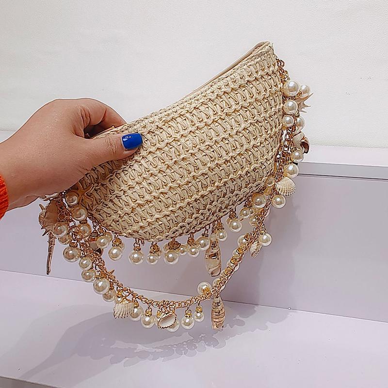 Yogodlns Borsa da Donna Bohémienne in Paglia Perle Conchiglia Borse Intrecciate a Mano Intrecciata a Mano Conchiglia Stella Marina Borsa da Spiaggia Rattan Mezza Luna Borse a Spalla
