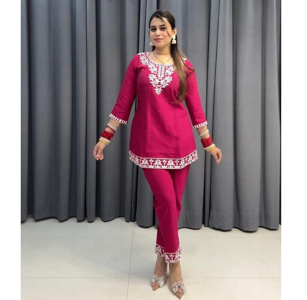 Indian Women Designer Pure Cotton Chikenkari Style Cord Set Party Wear Bollywood Kurti