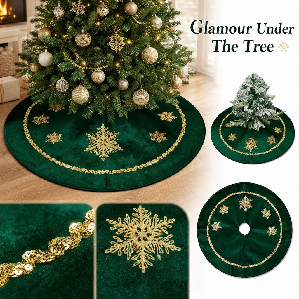 Green Velvet Christmas Tree Skirt with Gold Sequin Snowflake Design for Holiday Tree Base Cover Decoration