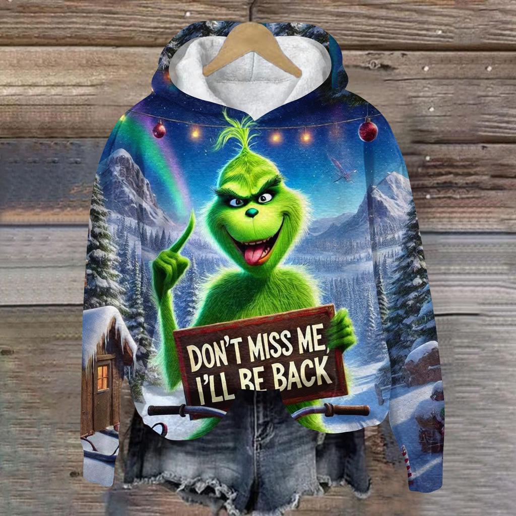 Ladies' Christmas Greentown Print Casual Long Sleeved Hooded Sweatshirt Top