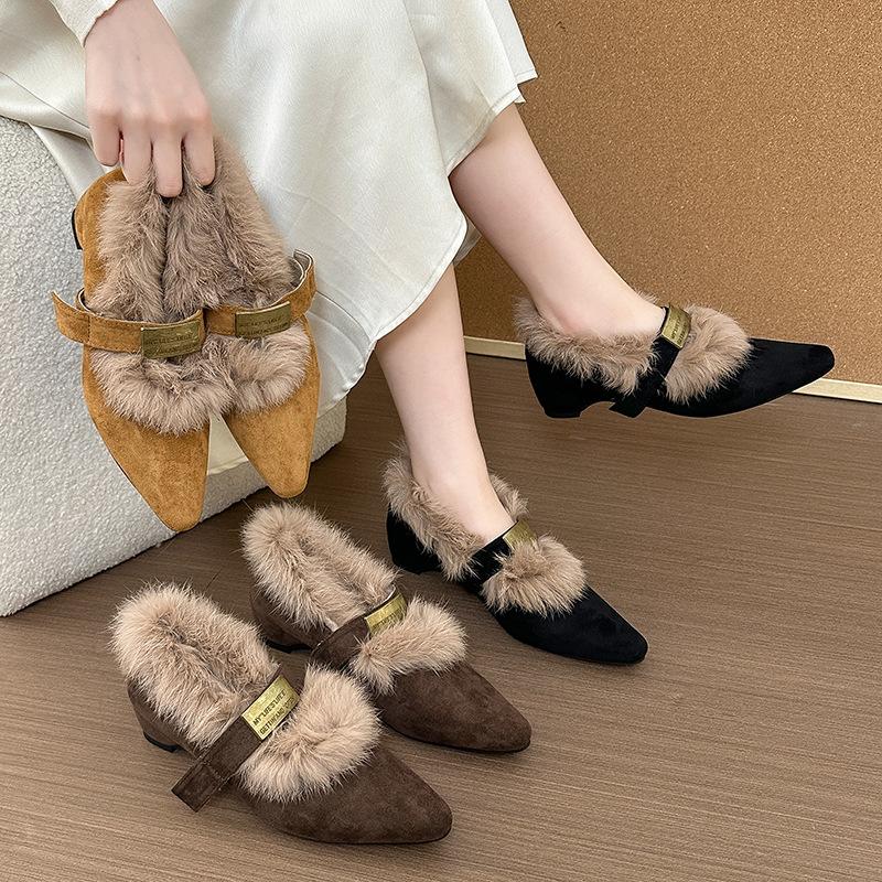 Mary Jane Women's Winter Pointed Toe Warm Anti-cold Padded Lining Snow Boots Thick Sole Non-slip Wear-resistant Outdoor Casual Sports Cotton Boots