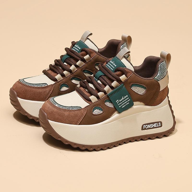 Innere Höherlegung Plateau Schuhe Damen Frühling und Herbst Neu Lässig Schnürung Farbabstimmung Student Laufschuhe
