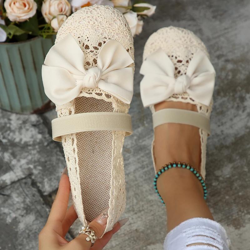 Fashion Shoes Women 2025 Summer Round Toe Embroidered Lace Shoes Mesh Loafers Women's Mom Flat Shoes Bretaheble Slip on Ballerina Flats