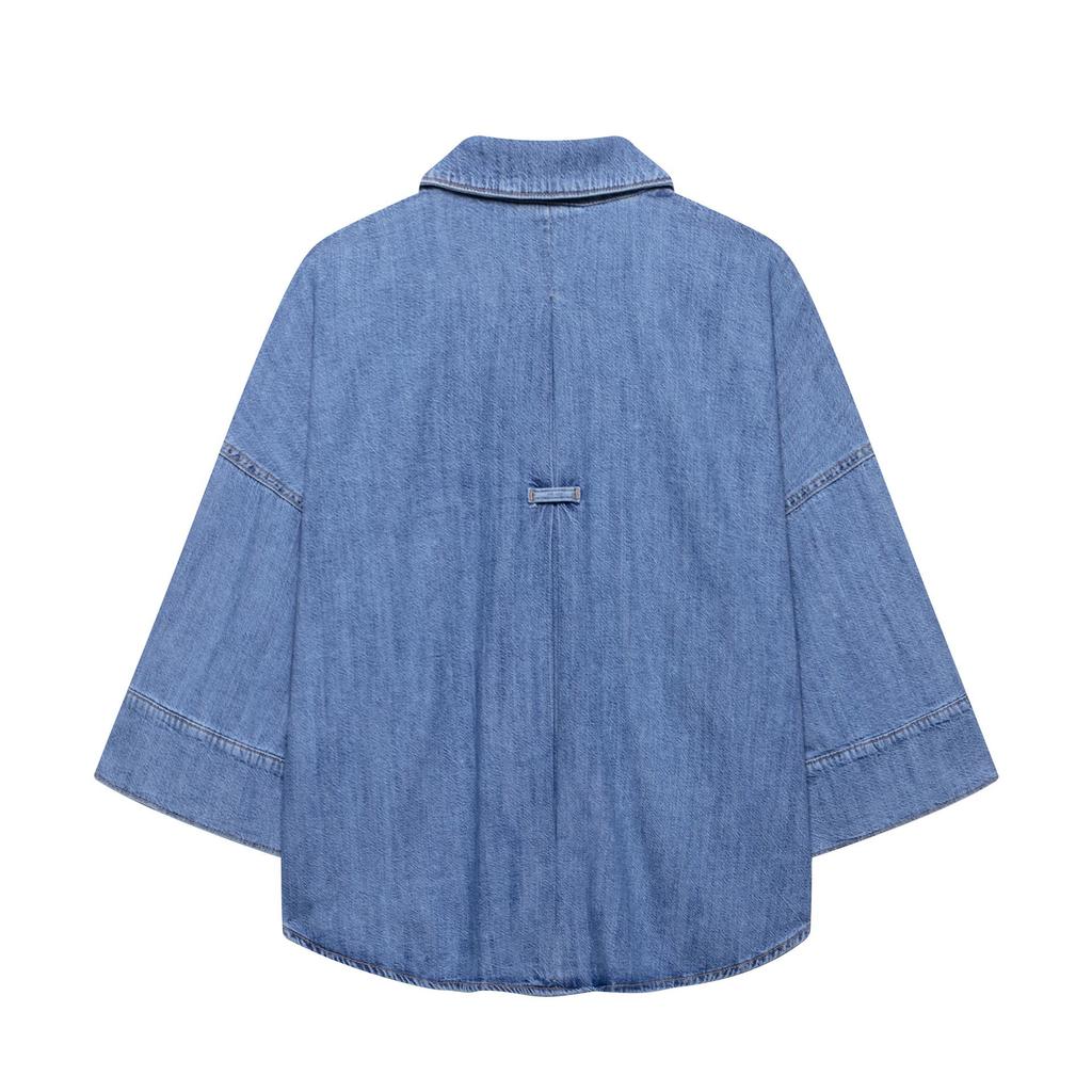 Spring 2025 Women's European and American Style Wide Sleeve Denim Shirt with Casual Long Pants