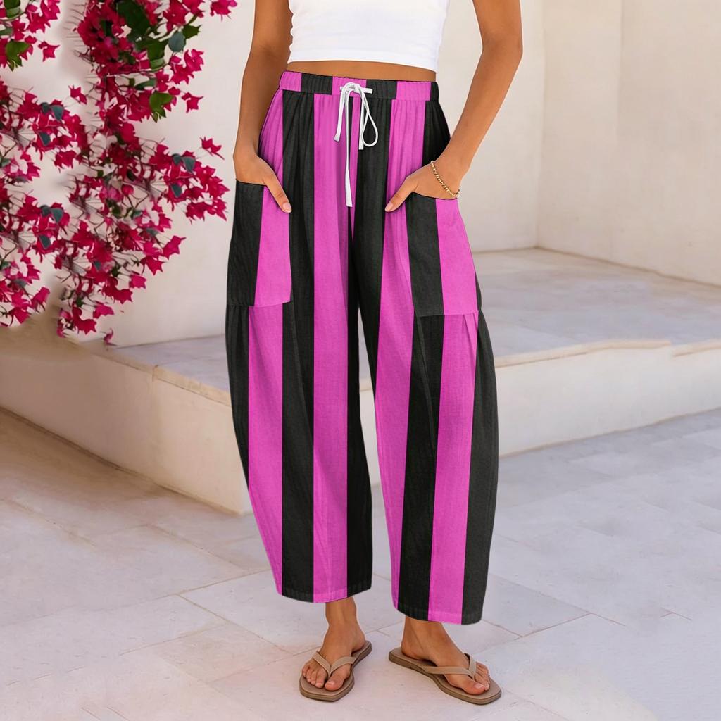 Women's Linen Pants with Pockets, High Waist Loose Fit Plus Size Cotton Casual Pants