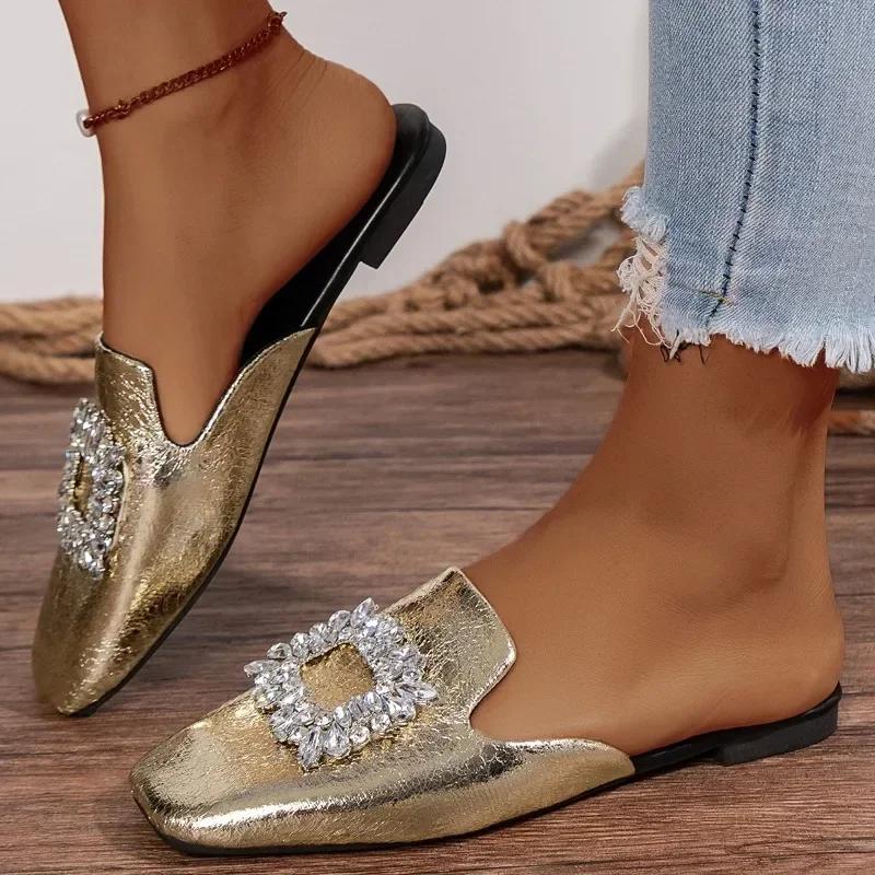 

Fashion Women s Shoes 2024 Closed Toe Women s Slippers Summer Dress Slippers Women Crystal Square Button Flat with Plus Size Shoes Women 42 золотий
