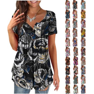 Women's Short Sleeve Tunic Loose Tops Casual Plus Size Tops Pleated Tunic Button Casual Summer Floral Tie Tops For Women