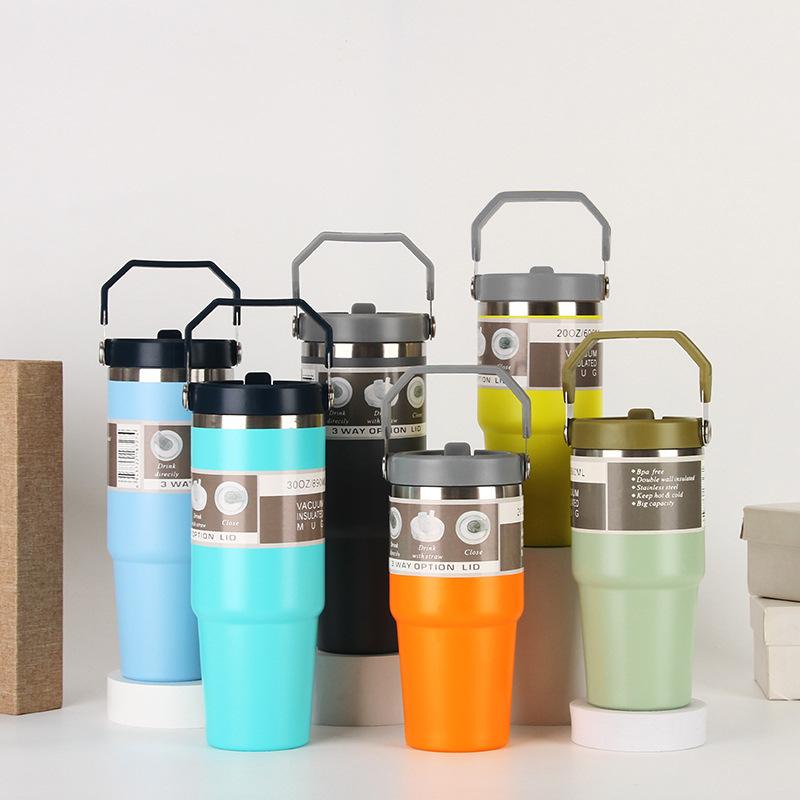 600ML/890ML Roestvrij Staal Thermosbeker met Rietje Auto Koffiebeker Sport Waterfles Vacuümfles Geïsoleerde Beker Thermische Beker