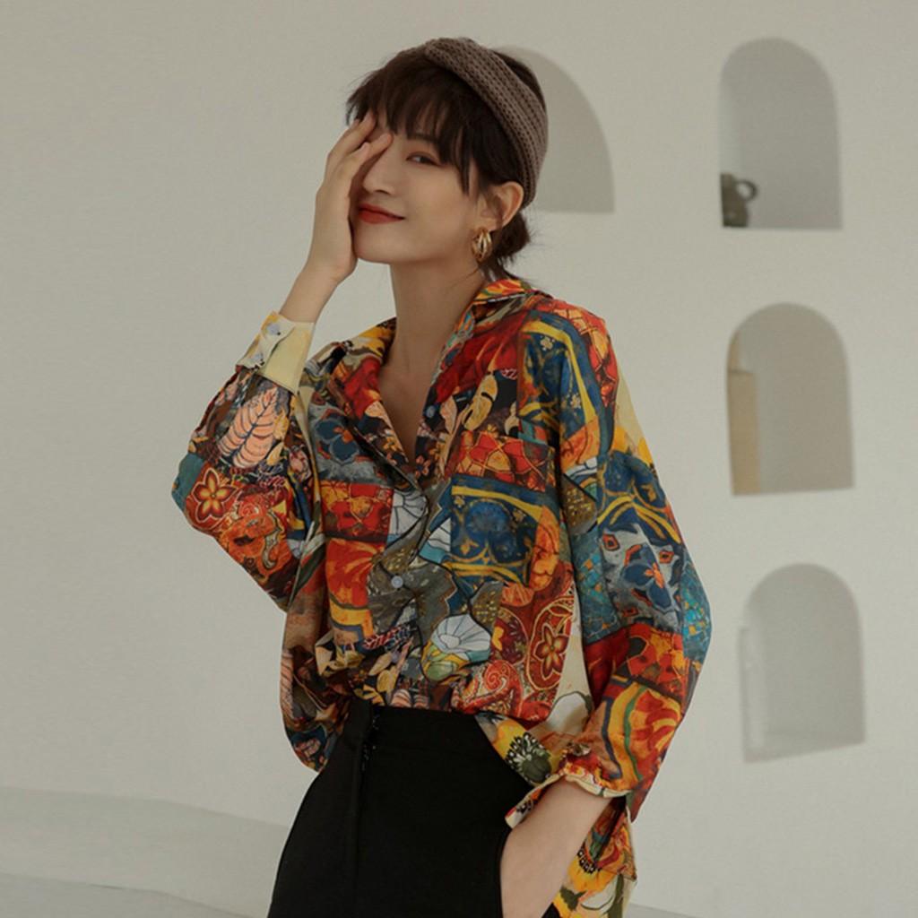 

Женская ретро-картина маслом, модная рубашка с длинным рукавом с принтом, блузка