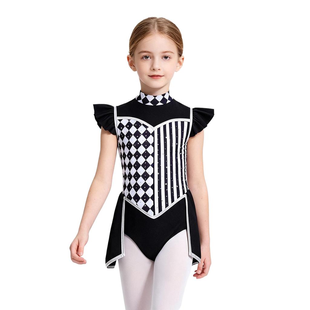 Girls Clown Cosplay Bodysuit Rhombus Patchwork Ruffled Sleeves Mock Neck Back Zip for Circus Halloween Masquerade Performance