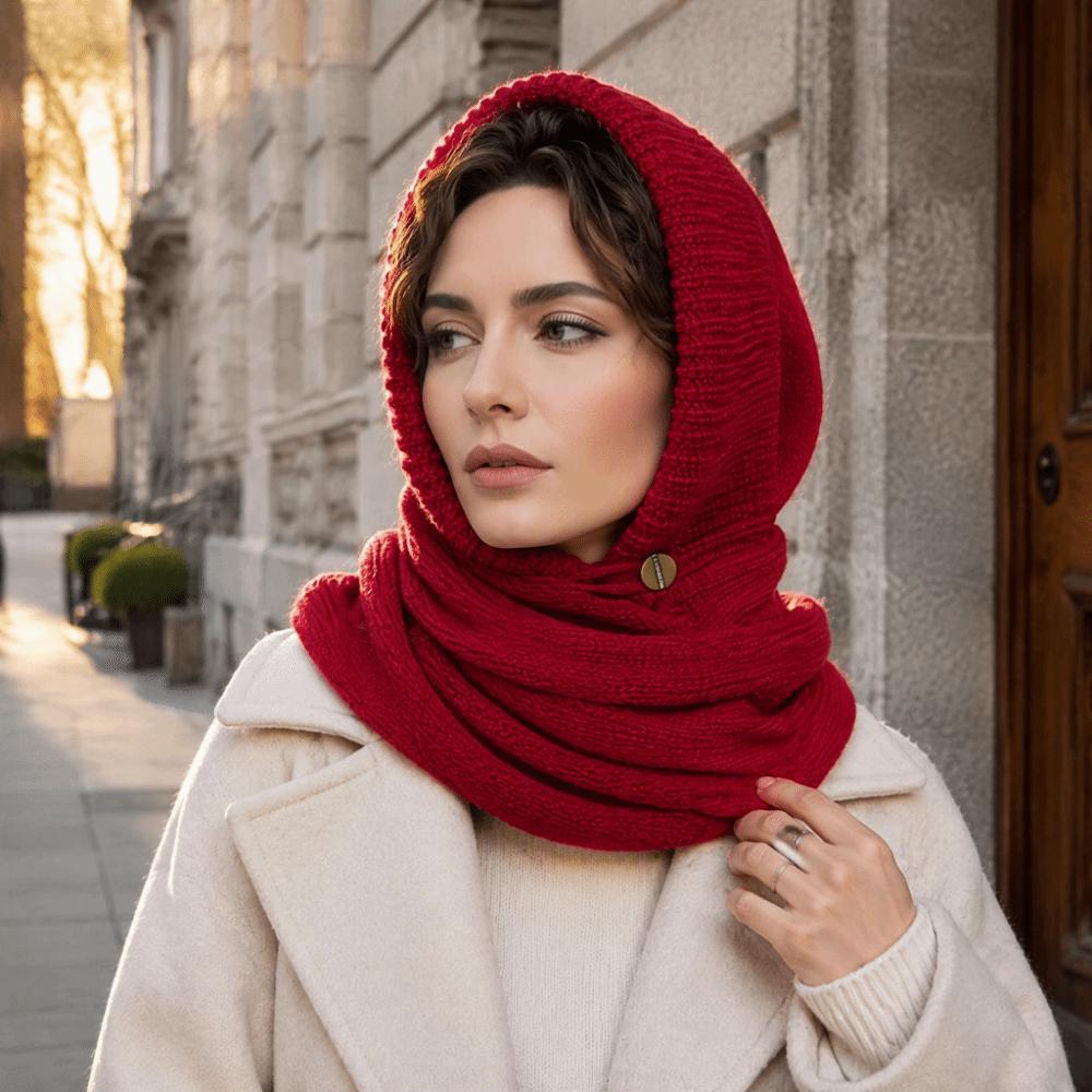 Solid Color Knitted Hooded Scarf Beanie Cross Hooded Cap Cute Hat and Scarf 2-in-1 Outdoor